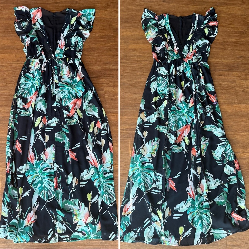 Adelyn Rae Maxi Dress Medium Black Tropical Dark Floral Long Chiffon Evening